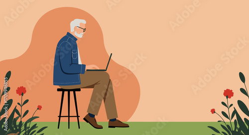 A distinguished senior man, with a beard and glasses, is depicted sitting on a stool, attentively using his laptop in a tranquil outdoor environment.