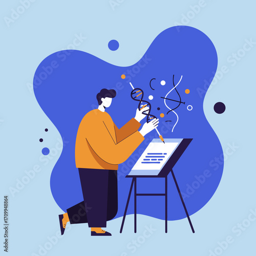 An inquisitive individual meticulously sketches intricate DNA helix structures and scientific formulas, symbolizing advanced genetic research and biological discovery.