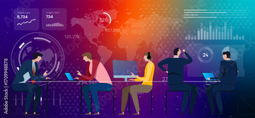 High tech illustration of digital workspace with world map background team collaborating project representing modern teamwork communication digital collaboration online coworking space