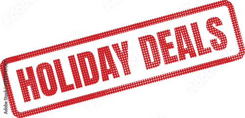 A red holiday deals stamp features a bold text and dotted pattern