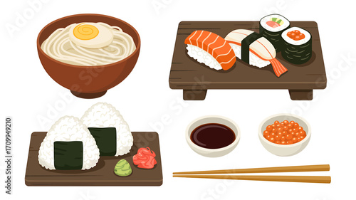 Japanese Food Illustration with Sushi, Onigiri, Ramen and Soy Sauce