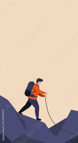 A determined explorer with a backpack and trekking poles ascends a rugged mountain peak, embodying the spirit of adventure and challenging outdoor pursuits.