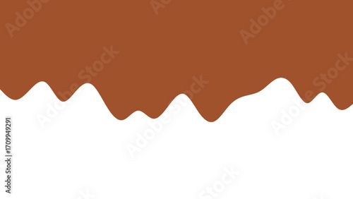 Abstract brown liquid dripping smoothly onto a white background, suggesting melted chocolate or caramel sauce. Ideal for food packaging, dessert promotions, or sweet treat concepts.
