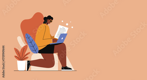 Person relaxing at home, using smartphone with laptop nearby. Represents digital communication, remote work, and modern lifestyle.