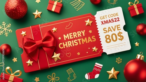 Realistic red Christmas ticket with green background, red satin bow, golden stars, red baubles, subtle Christmas patterns (gifts, socks)