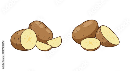 Illustration of whole and sliced potatoes a common root vegetable