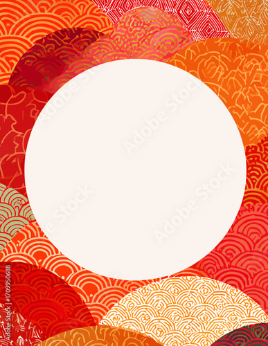 Illustration vectorielle décorative avec un cadre circulaire vierge, ornée de vagues et de motifs floraux dans des tons rouges et oranges vibrants.