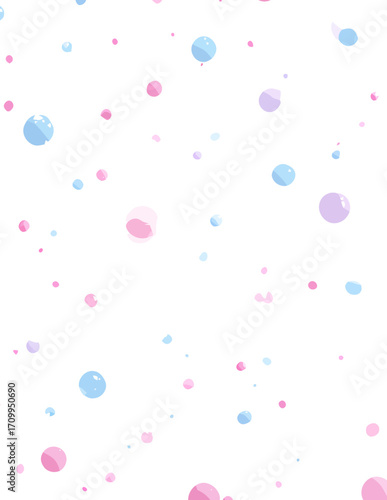 Motif abstrait et ludique de points colorés pastel dispersés sur un fond blanc pur, évoquant une atmosphère douce et joyeuse.