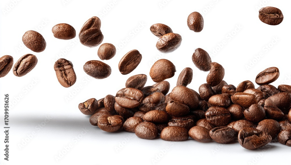 Naklejka premium Coffee beans in motion, scattered and piled