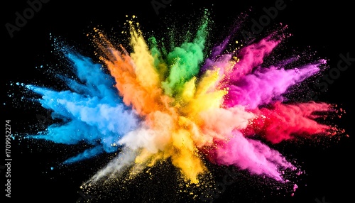 Vibrant explosion of colorful powder on black background with creative artistic design.