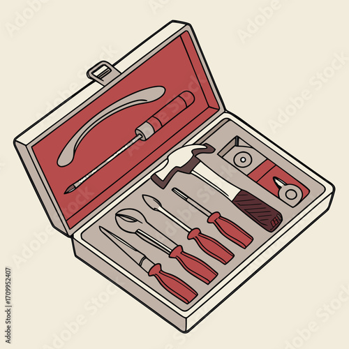 Metal box with manicure steel equipment and a set of business cards with money and a key