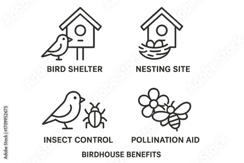 Birdhouse Benefits Icons – Informative Vector Set of Wildlife Support, Habitat, Conservation & Gardening Symbols