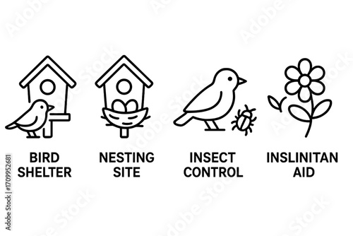 Birdhouse Benefits Icons – Informative Vector Set of Wildlife Support, Habitat, Conservation & Gardening Symbols