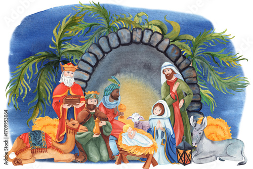 Watercolor biblical Christmas illustration of baby Jesus in a manger, surrounded by the Virgin Mary, Joseph, and the Three Wise Men under a night sky with a shining star. Perfect for nativity scenes, 