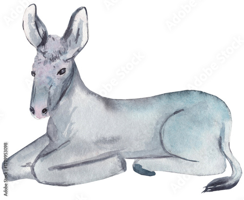 Watercolor illustration of a lying donkey. Perfect for farm scenes, nativity illustrations, children’s books, and cozy pastoral artwork.