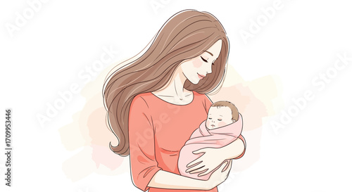Illustration Vector of Mother Holding Baby in Soft Pastel Colors Minimalist Style