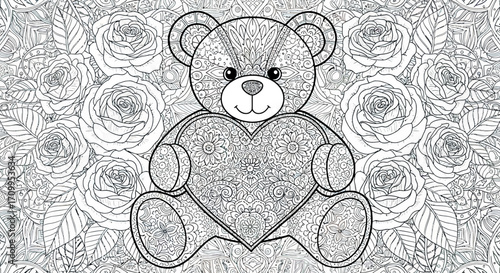 Illustration Teddy Bear Holding Heart Floral Pattern Vector Line Art Black White