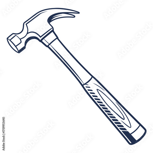 A claw hammer with a black handle is an isolated steel tool for construction, carpentry, and repair work