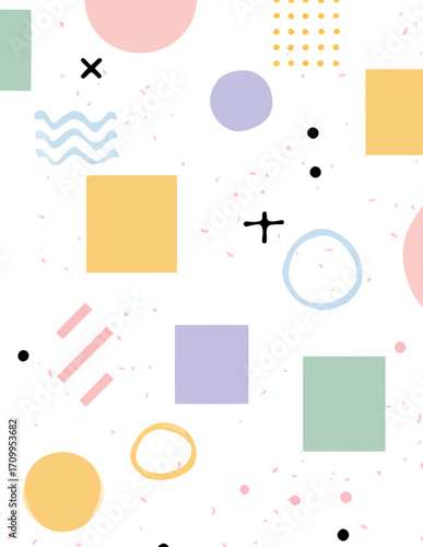 Motif géométrique abstrait et coloré avec des formes variées et des textures douces, idéal pour un design moderne et ludique.