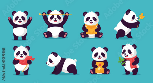 Cute Panda Vector Illustration Set with Playful Cartoon Style and Bright Color Palette