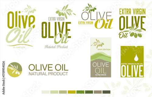 Olive oil retro green color label background collection. Olive logo icon design template flat. Natural extra virgin oil. beauty, cosmetic and food