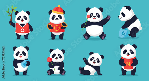 Cute Cartoon Panda Vector Illustration Set with Playful Characters and Bright Colors