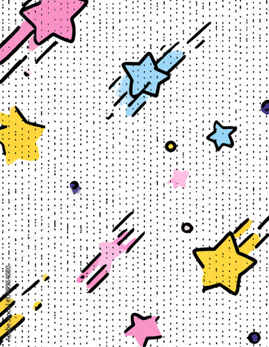 Motif abstrait dynamique de style Memphis, présentant des étoiles filantes colorées et des points, idéal pour un design ludique et festif.