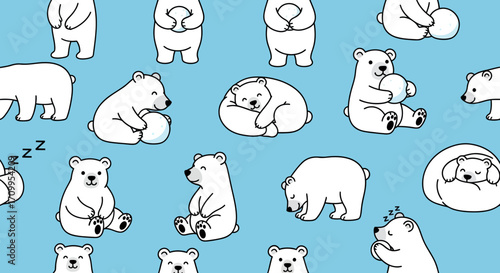 Pattern Vector with Cute Polar Bear Characters in Minimalist White and Blue Color Style