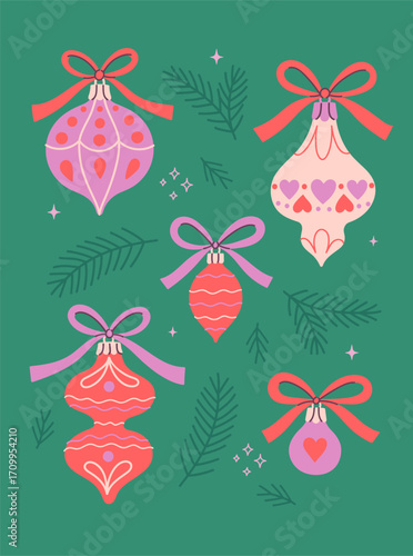 Vintage glass Christmas balls set on a green background. Vector graphics