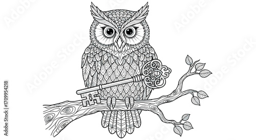 Detailed Owl Vector Illustration with Ornate Key and Branch in Black and White Line Art