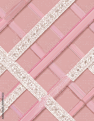 Ce motif décoratif élégant et délicat présente des rubans roses rayés et de la dentelle blanche florale entrelacés sur un fond texturé rose poudré, idéal pour des designs féminins ou vintage.
