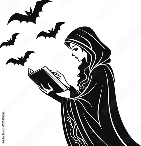 Witch reading a spell book with bats flying around halloween themed illustration in a vintage victorian style perfect for designs.