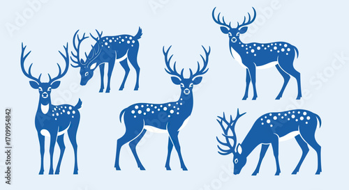 Illustration Deer Vector Set with Blue Silhouettes and Minimalist Style for Wildlife Design