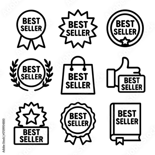 Black Line Best Seller Icons Ribbon Starburst Circle Laurel Shopping Bag Thumbs Up Star Rosette Book.