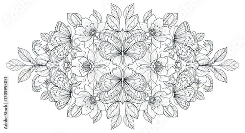 Decorative Floral Vector Illustration with Symmetrical Leaf and Flower Elements in Minimalist Black and White Style