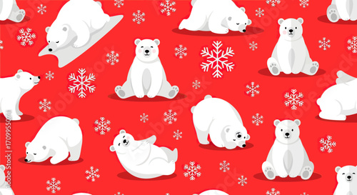 Pattern Vector with Playful Polar Bear Elements and Snowflake Shapes in Modern Red and White Colors