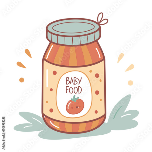 Sweet strawberry jam and fresh milk are set in a glass jar and cup for a healthy breakfast, designed as a cartoon illustration vector icon