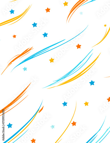 Motif vectoriel sans couture, style simple, traits dynamiques, étoiles colorées