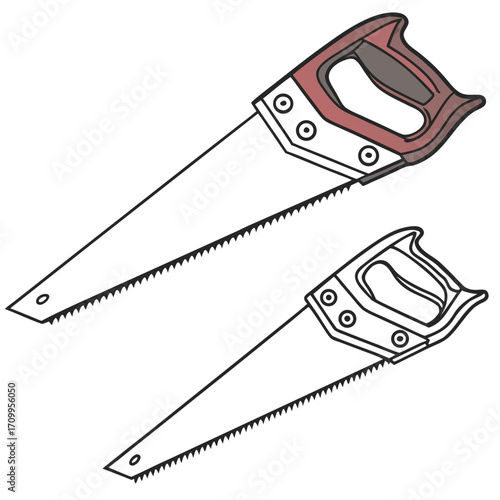 Isolated metal handsaw with a black handle and sharp steel blade for cutting wood on a white background