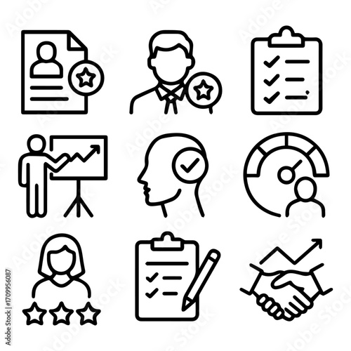 Black Line Icons Depicting Business Performance and Human Resources Concepts.