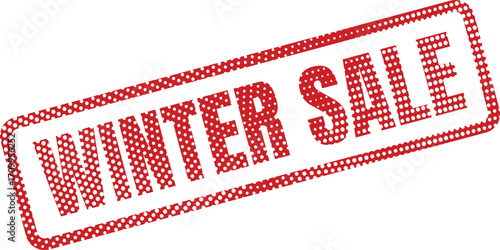 A red Winter Sale stamp features white polka dots and a diagonal design