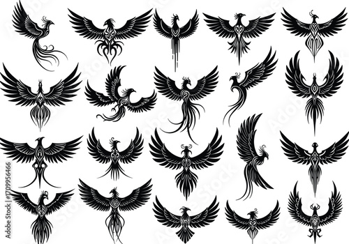 Tribal phoenix tattoo designs, flying firebird vector set, mythical bird illustrations, black tribal style phoenix, spiritual rebirth and strength symbols