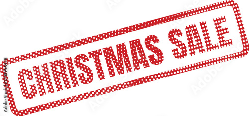 A red Christmas sale stamp features white polka dots and bold lettering
