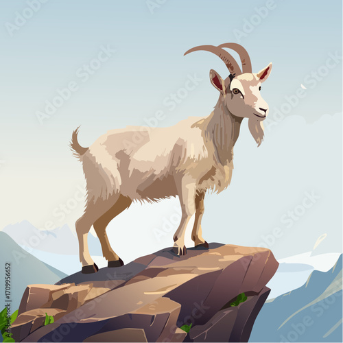 3D Ziege, auf Felsen stehend, Berglandschaft, klare Luft, fotorealistisch, detailliertes Fell