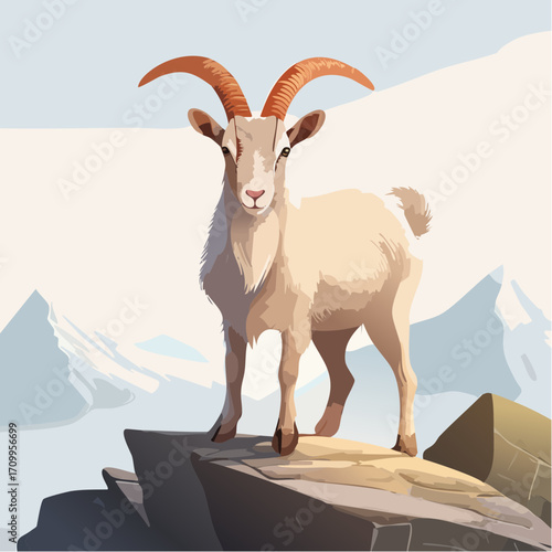 3D Ziege, auf Felsen stehend, Berglandschaft, klare Luft, fotorealistisch, detailliertes Fell