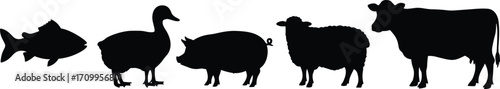 Farm animals silhouettes set, fish duck pig sheep cow, domestic livestock vector illustration, black animal outlines, farming graphic icons collection