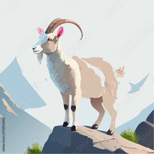 3D Ziege, auf Felsen stehend, Berglandschaft, klare Luft, fotorealistisch, detailliertes Fell
