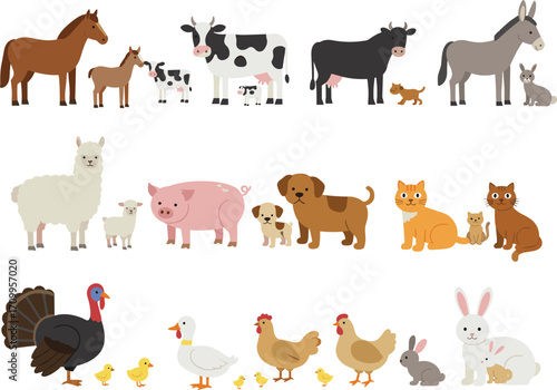 Farm animals cartoon illustration, horse cow pig goat sheep donkey dog cat chicken duck turkey rabbit llama, cute vector design