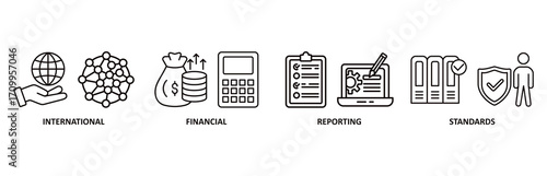 Ifrs icon set vector illustration for international financial reporting standards with icon of global, network, money, documents, books, and writing