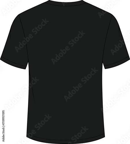 Black blank t-shirt back view, plain apparel mockup, short sleeve clothing template, fashion design vector, casual wear garment illustration